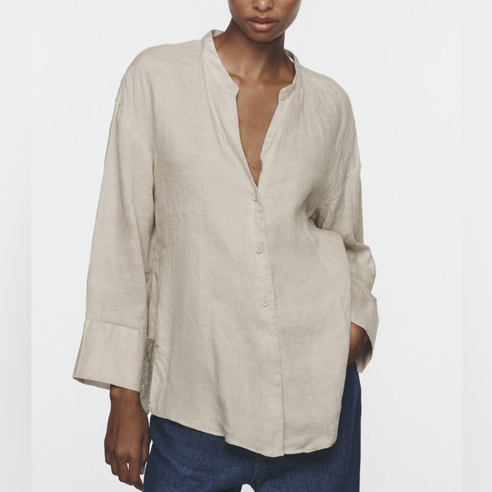 ZARA Asymmetric Linen Button Blouse Taupe Shirt XS